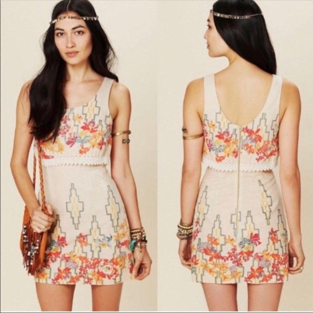 Free People The Big Bang Gold Shimmer Floral Boho Aztec Mini Sheath Dress Sz: 0